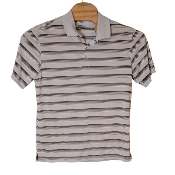 Nike Golf‎ Men's Polo Shirt Polyester Gray Black Striped Short Sleeve - Picture 2 of 5